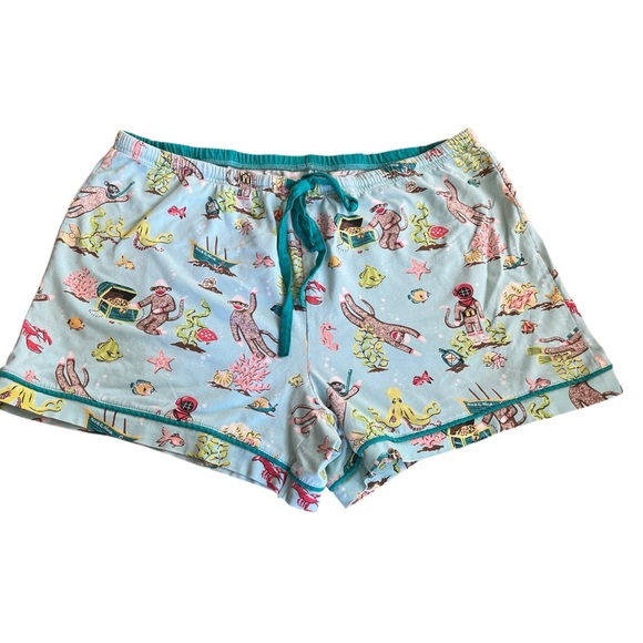 Nick & Nora Aqua Underwater Sock Monkey's Drawstring Pajama Shorts Bottoms SZ L - Picture 1 of 5